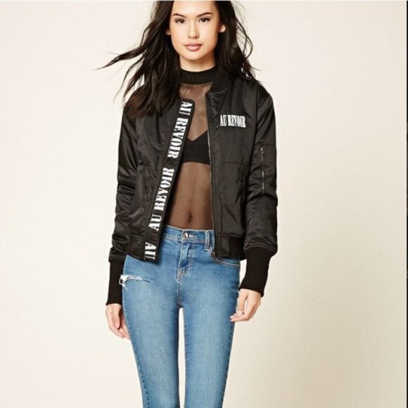 Forever 21 "Au Revoir" Black (greenish) Bomber Jacket (S) - Picture 1 of 16